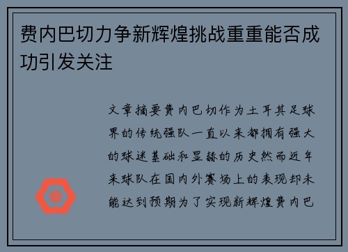 费内巴切力争新辉煌挑战重重能否成功引发关注