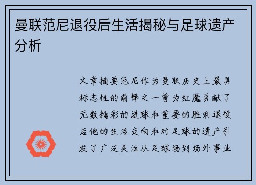 曼联范尼退役后生活揭秘与足球遗产分析